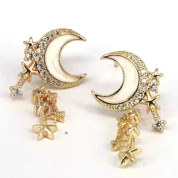 Gold Plated Pearlessent Crescent moon star drop earrings with silver post - Picture 13 of 16